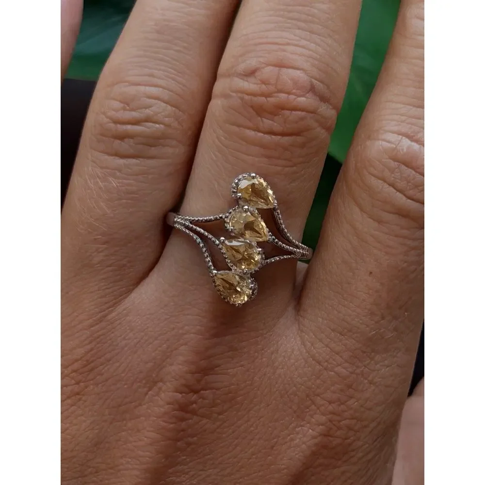 925 Sterling Silver Pear Cut 4 Stones Yellow Citrine Ring Size 10